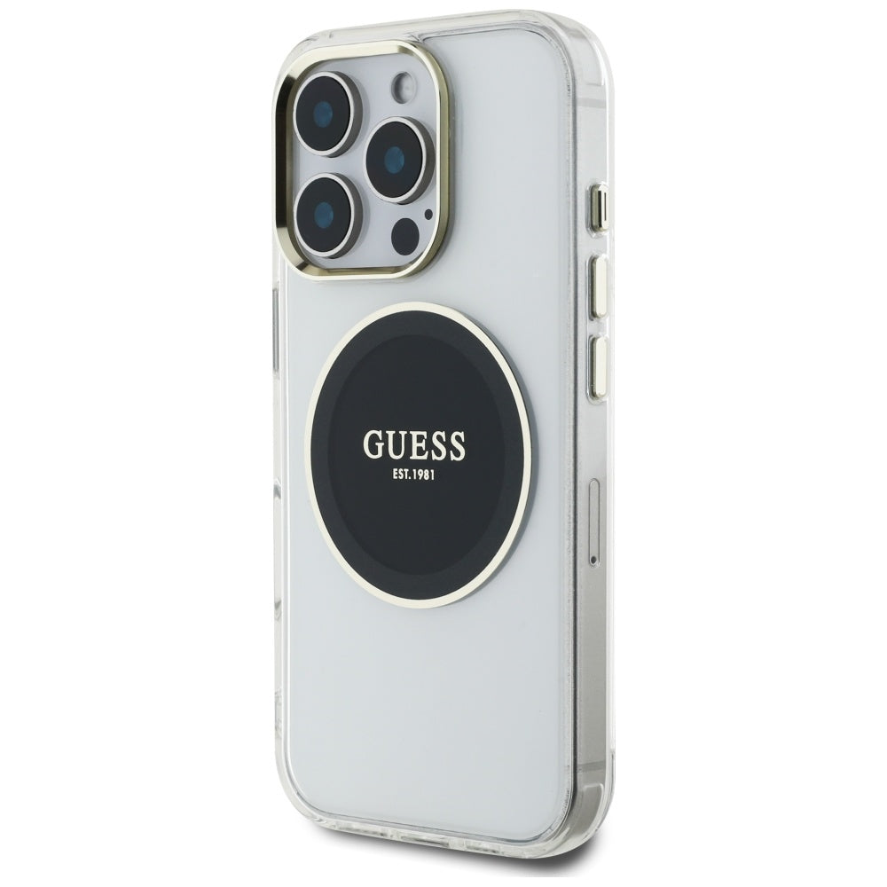 Funda MagSafe para Apple iPhone 16 Pro, Guess, IML Metal Colored Circle, Negra
