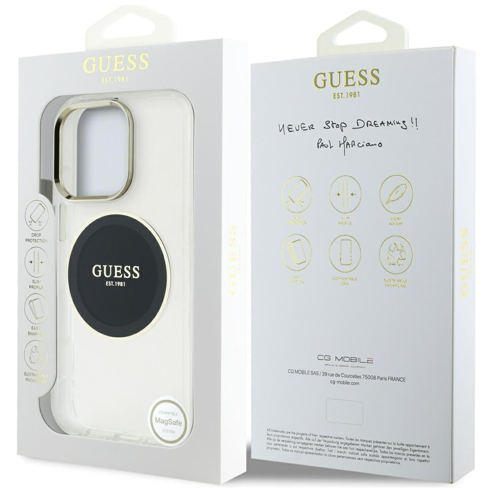 Funda MagSafe para Apple iPhone 16 Pro, Guess, IML Metal Colored Circle, Negra