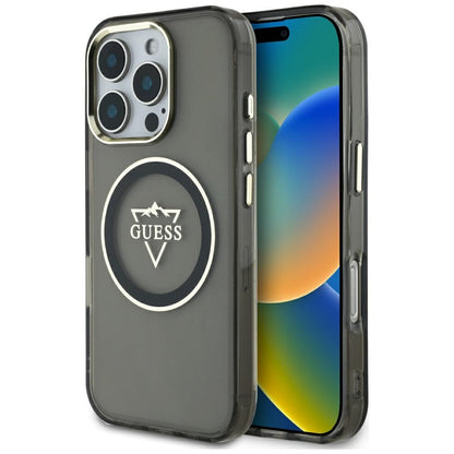 Funda MagSafe para Apple iPhone 16 Pro, Guess, IML Metal Mountain Logo, Negra