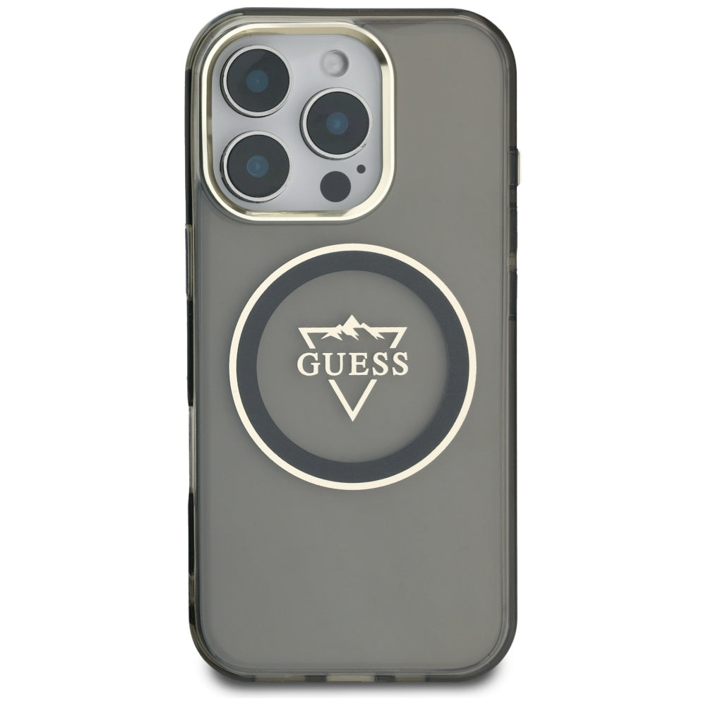Funda MagSafe para Apple iPhone 16 Pro, Guess, IML Metal Mountain Logo, Negra