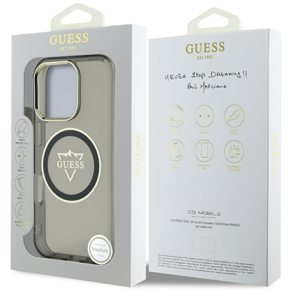 Funda MagSafe para Apple iPhone 16 Pro, Guess, IML Metal Mountain Logo, Negra