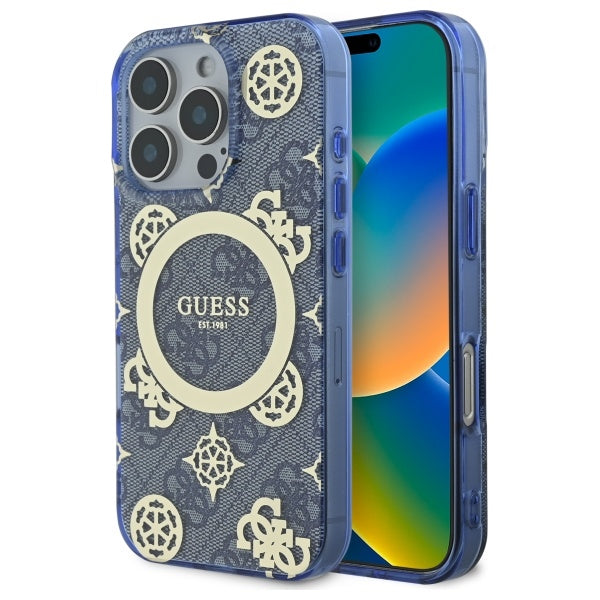 Funda MagSafe para Apple iPhone 16 Pro, Guess, IML Peony On 4G Background, Azul.