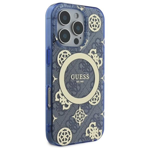 Funda MagSafe para Apple iPhone 16 Pro, Guess, IML Peony On 4G Background, Azul.