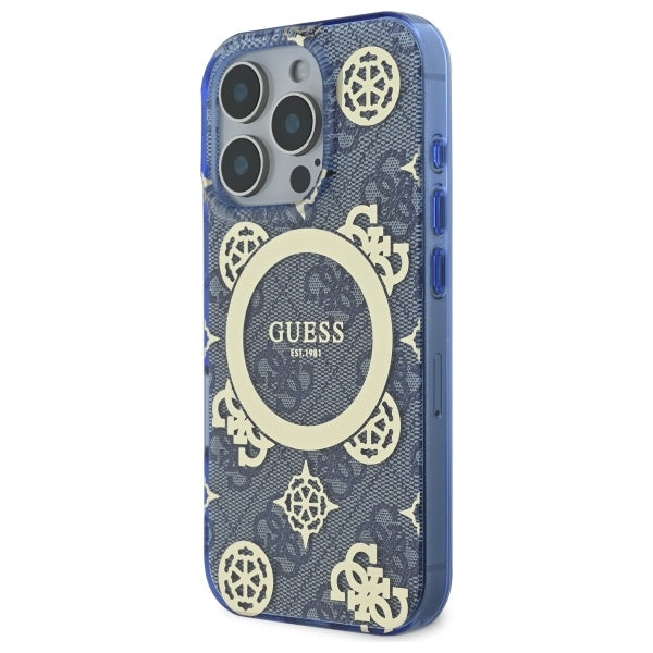 Funda MagSafe para Apple iPhone 16 Pro, Guess, IML Peony On 4G Background, Azul.