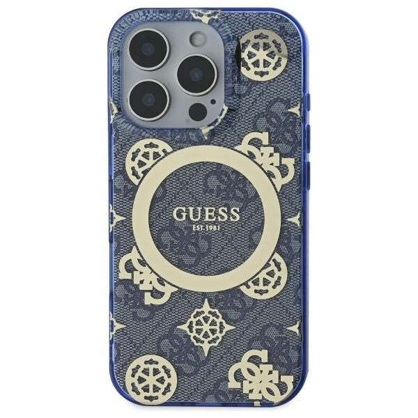 Funda MagSafe para Apple iPhone 16 Pro, Guess, IML Peony On 4G Background, Azul.
