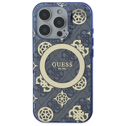 Funda MagSafe para Apple iPhone 16 Pro, Guess, IML Peony On 4G Background, Azul.