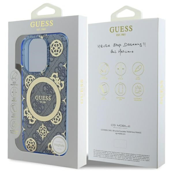 Funda MagSafe para Apple iPhone 16 Pro, Guess, IML Peony On 4G Background, Azul.