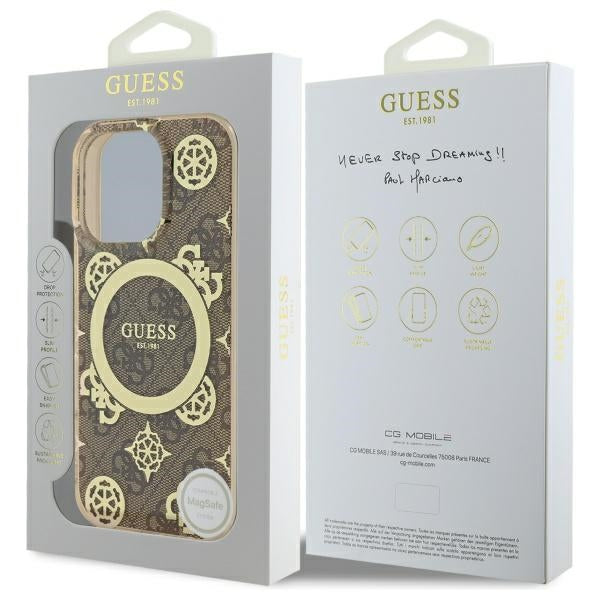 Funda MagSafe para Apple iPhone 16 Pro, Guess, IML Peony On 4G Background, Marrón