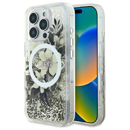Funda MagSafe para Apple iPhone 16 Pro, Guess, Liquid Glitter Flower, Beige