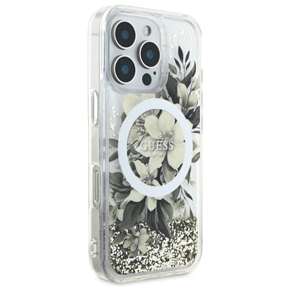 Funda MagSafe para Apple iPhone 16 Pro, Guess, Liquid Glitter Flower, Beige