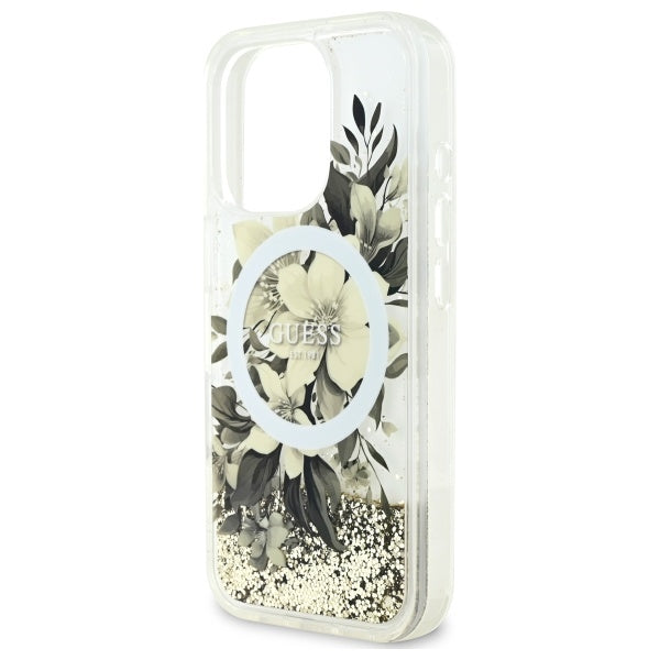 Funda MagSafe para Apple iPhone 16 Pro, Guess, Liquid Glitter Flower, Beige
