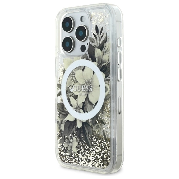Funda MagSafe para Apple iPhone 16 Pro, Guess, Liquid Glitter Flower, Beige