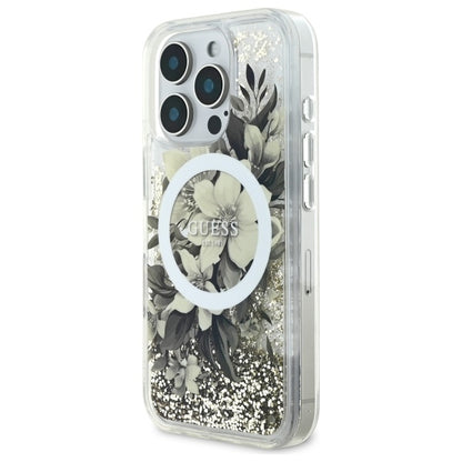 Funda MagSafe para Apple iPhone 16 Pro, Guess, Liquid Glitter Flower, Beige