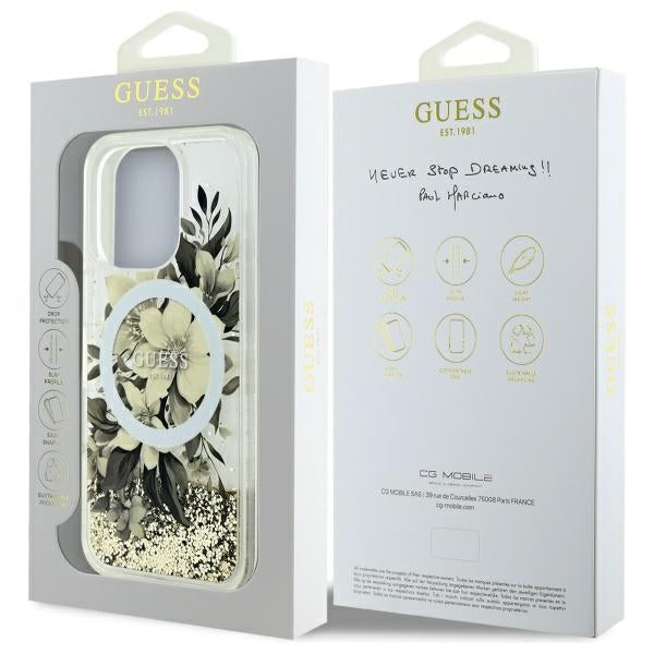 Funda MagSafe para Apple iPhone 16 Pro, Guess, Liquid Glitter Flower, Beige