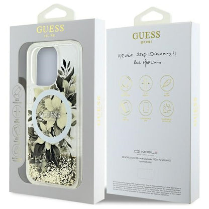 Funda MagSafe para Apple iPhone 16 Pro, Guess, Liquid Glitter Flower, Beige