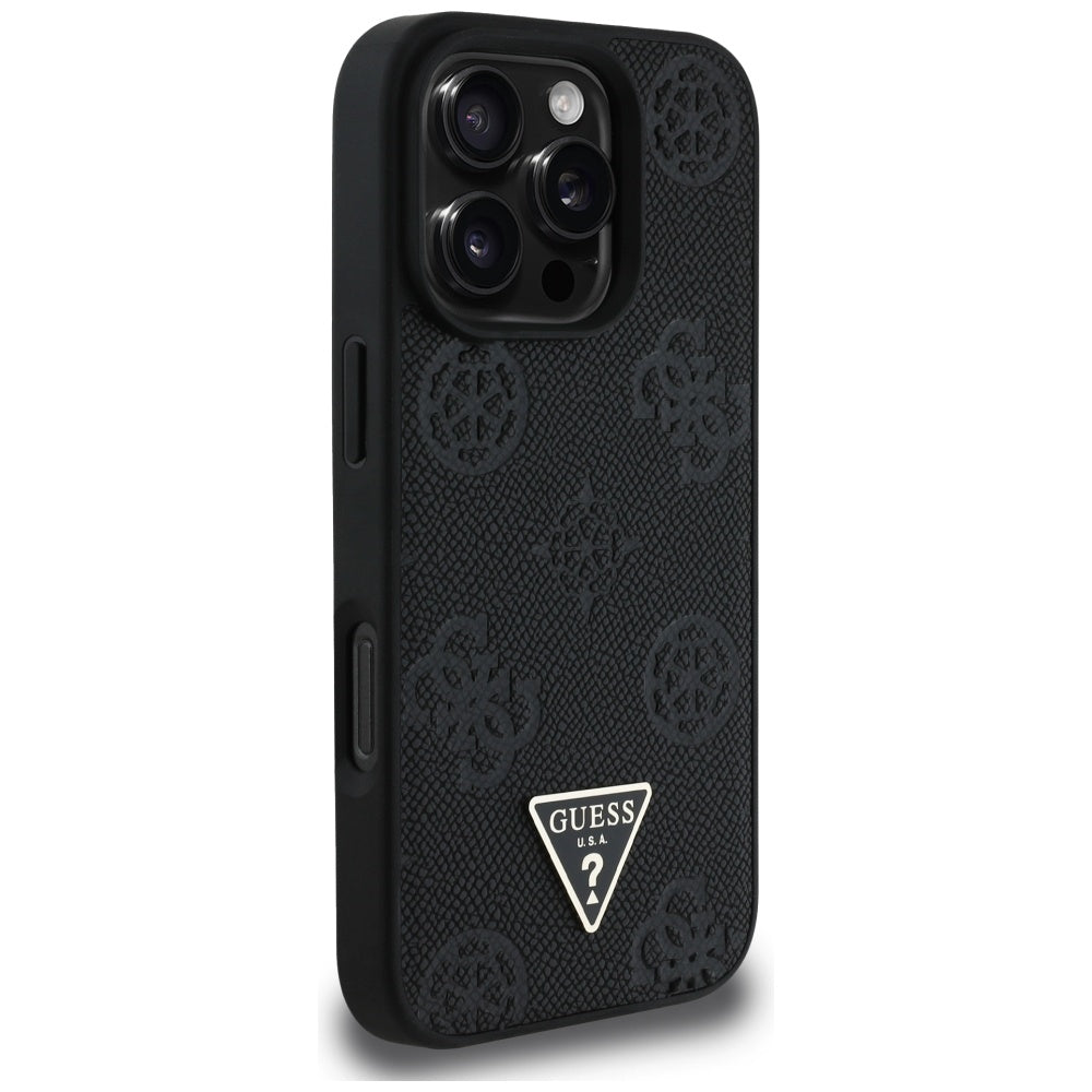 Funda MagSafe para Apple iPhone 16 Pro, Guess, Peony Grained Hot Stamp Triangle, Negra