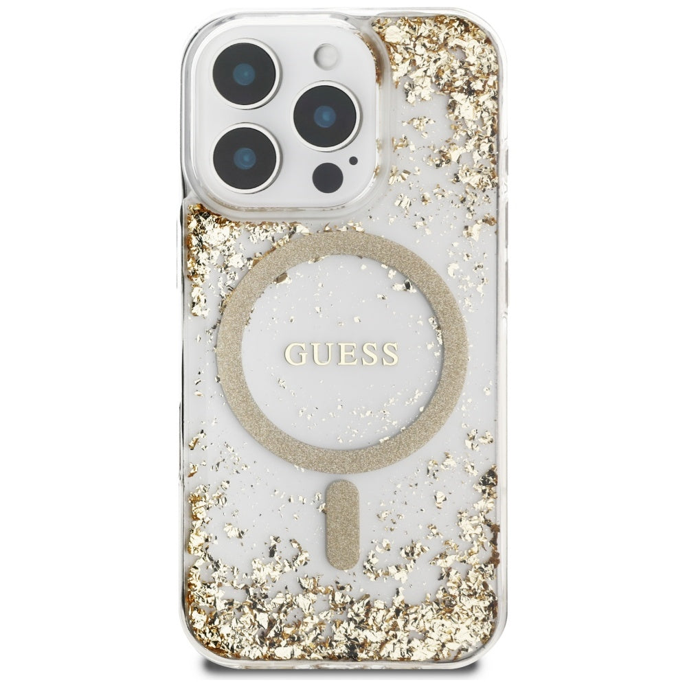 Funda MagSafe para Apple iPhone 16 Pro, Guess, Resin Bottom Glitter, Dorada