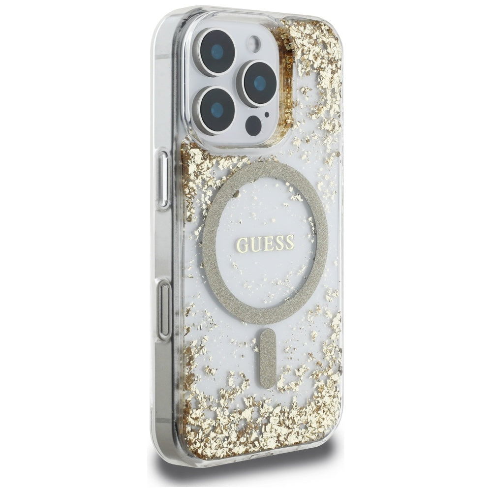Funda MagSafe para Apple iPhone 16 Pro, Guess, Resin Bottom Glitter, Dorada
