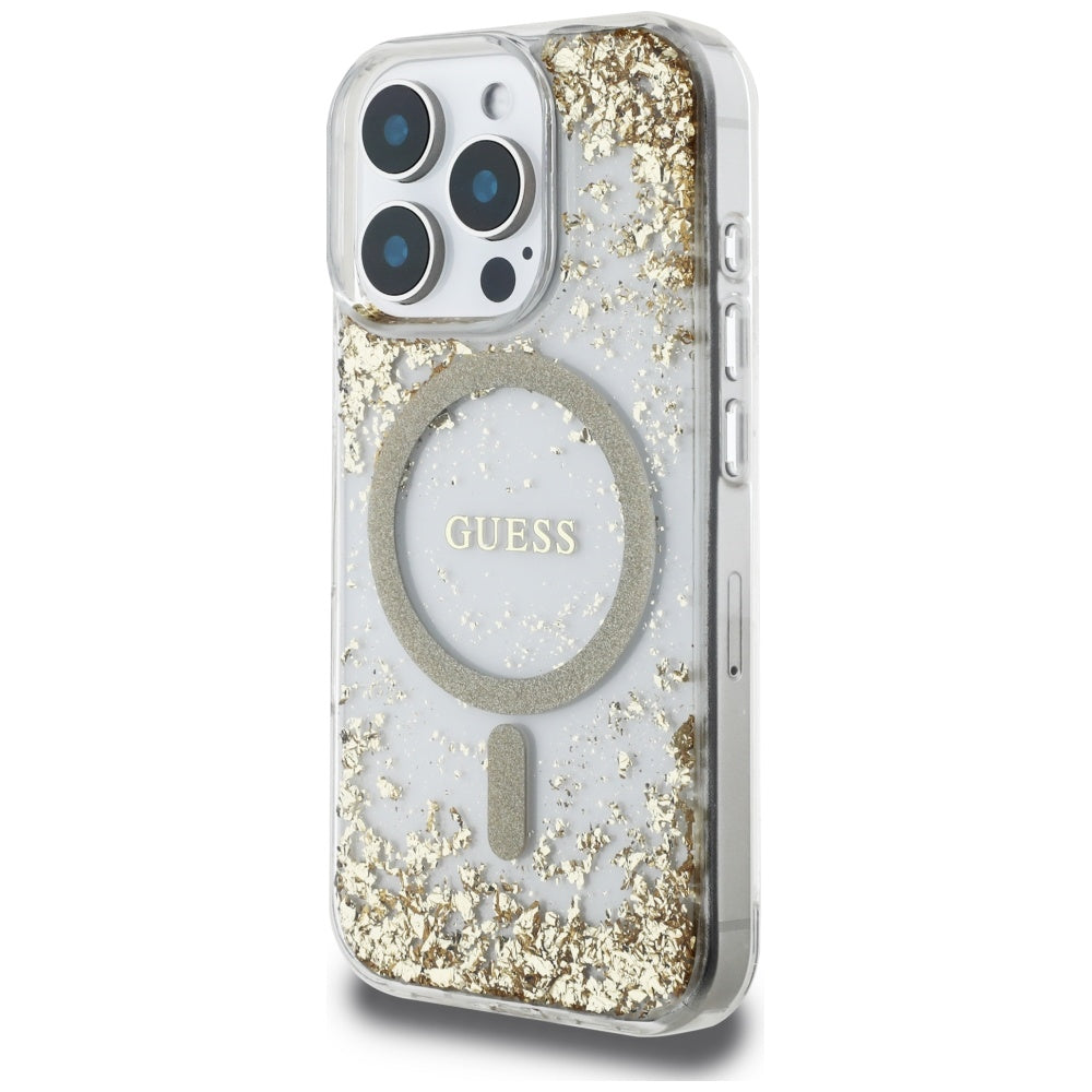 Funda MagSafe para Apple iPhone 16 Pro, Guess, Resin Bottom Glitter, Dorada