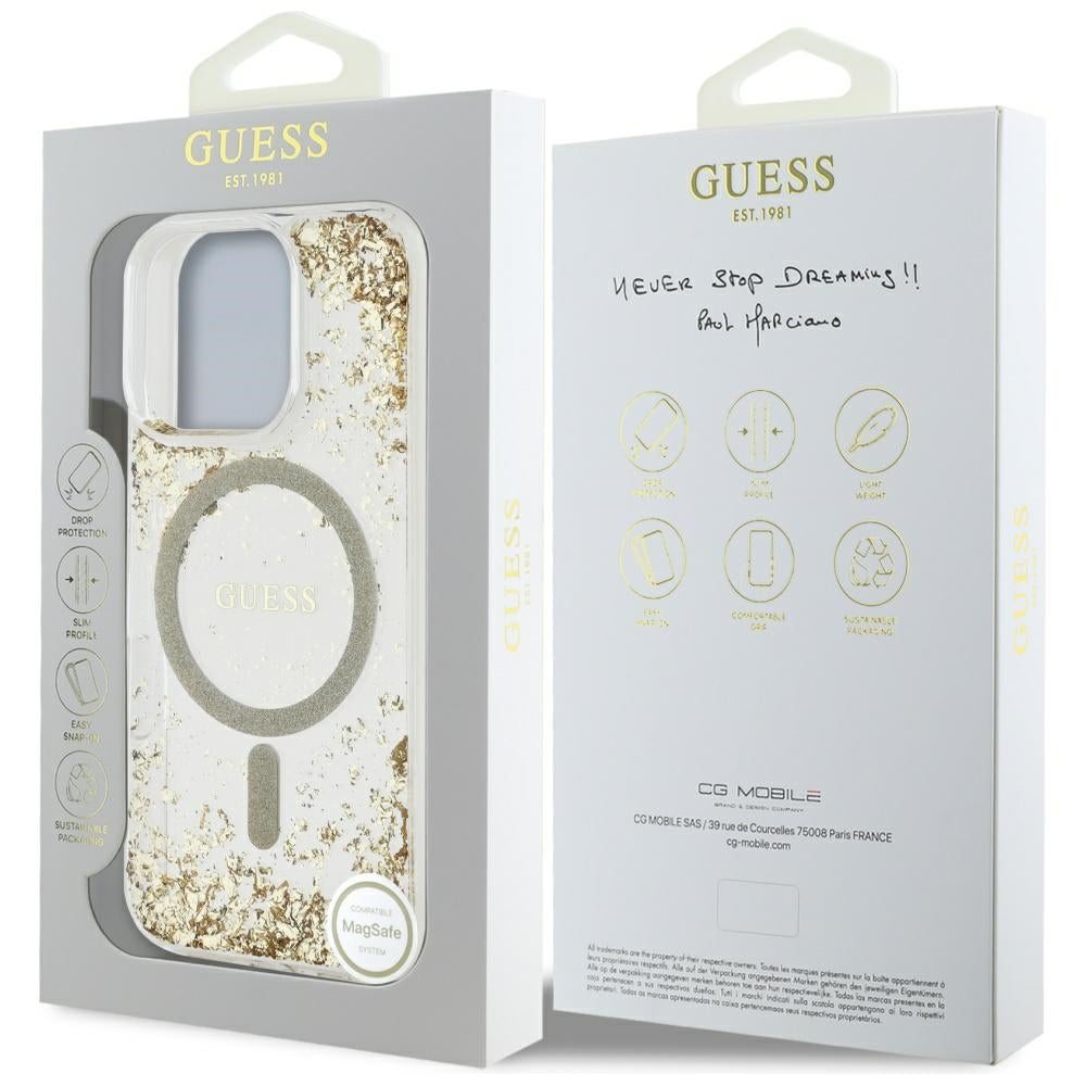 Funda MagSafe para Apple iPhone 16 Pro, Guess, Resin Bottom Glitter, Dorada