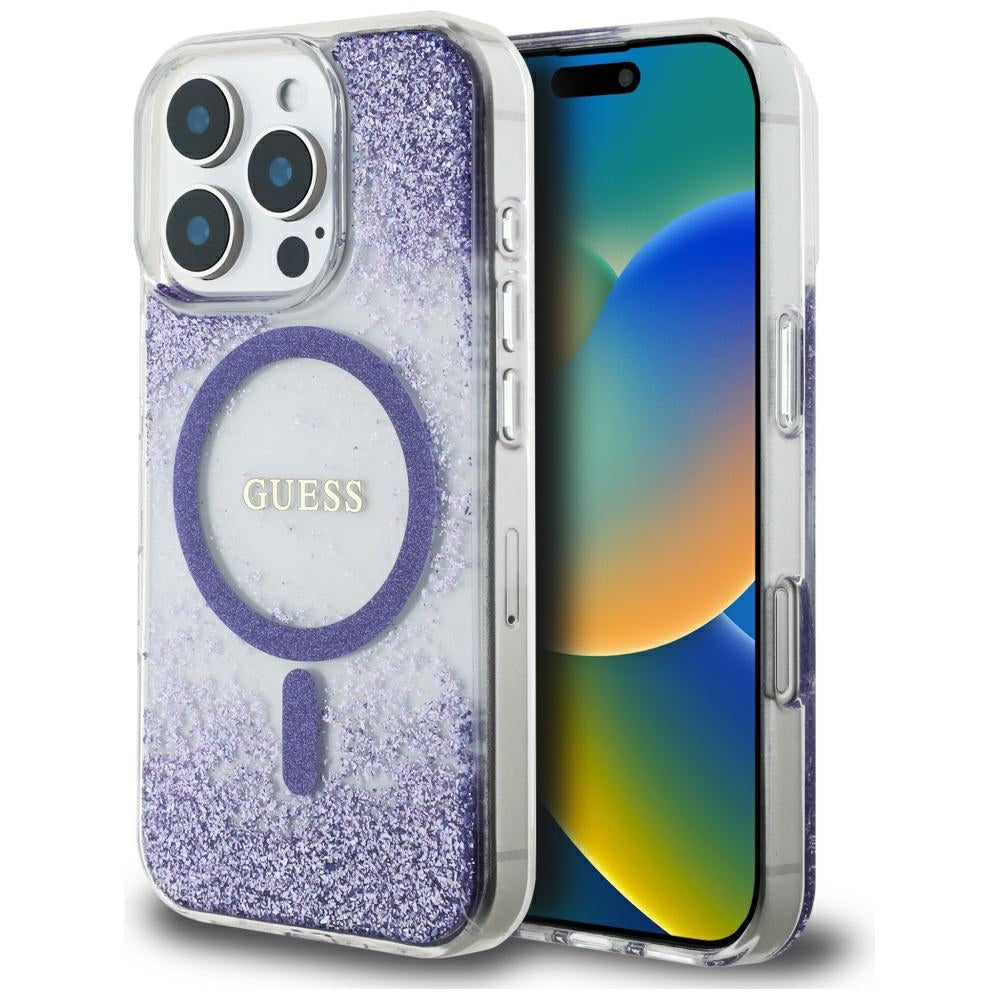 Funda MagSafe para Apple iPhone 16 Pro, Guess, Resin Bottom Glitter, Morado