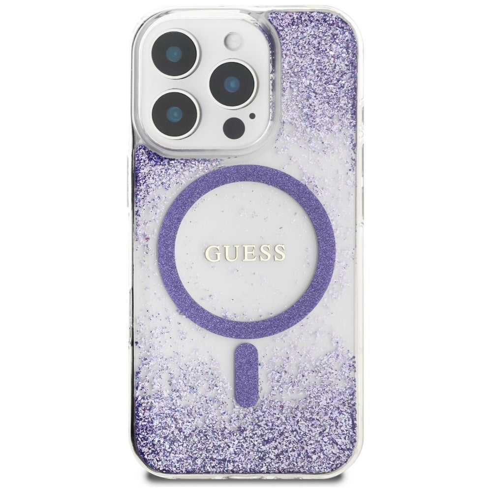 Funda MagSafe para Apple iPhone 16 Pro, Guess, Resin Bottom Glitter, Morado