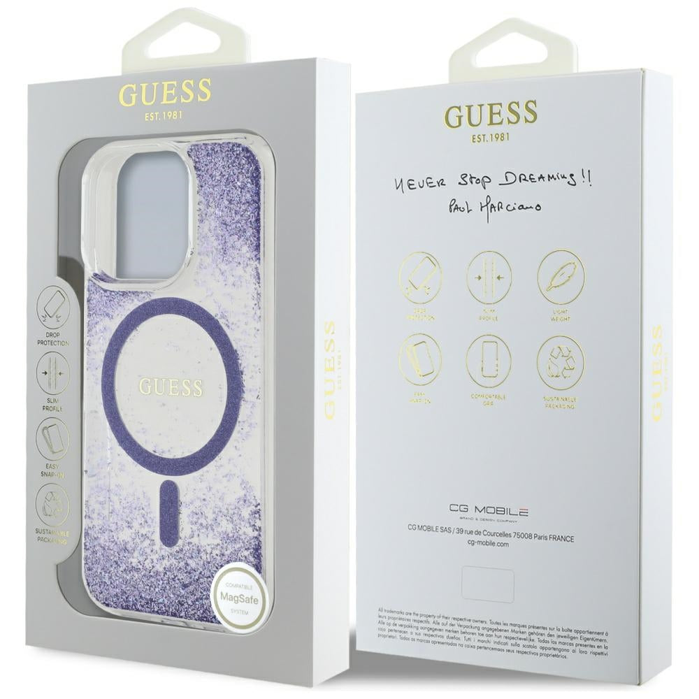 Funda MagSafe para Apple iPhone 16 Pro, Guess, Resin Bottom Glitter, Morado