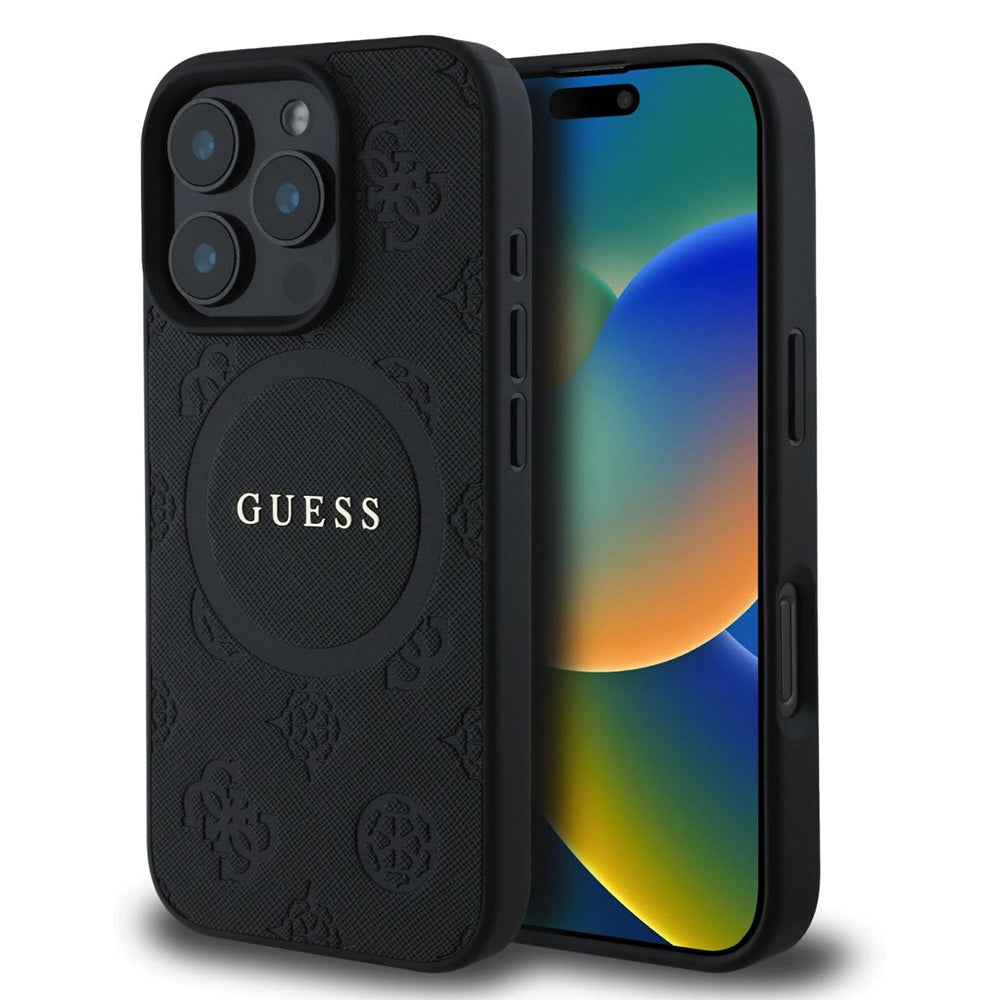 Funda MagSafe para Apple iPhone 16 Pro, Guess, Saffiano Peony Classic Logo, Negra