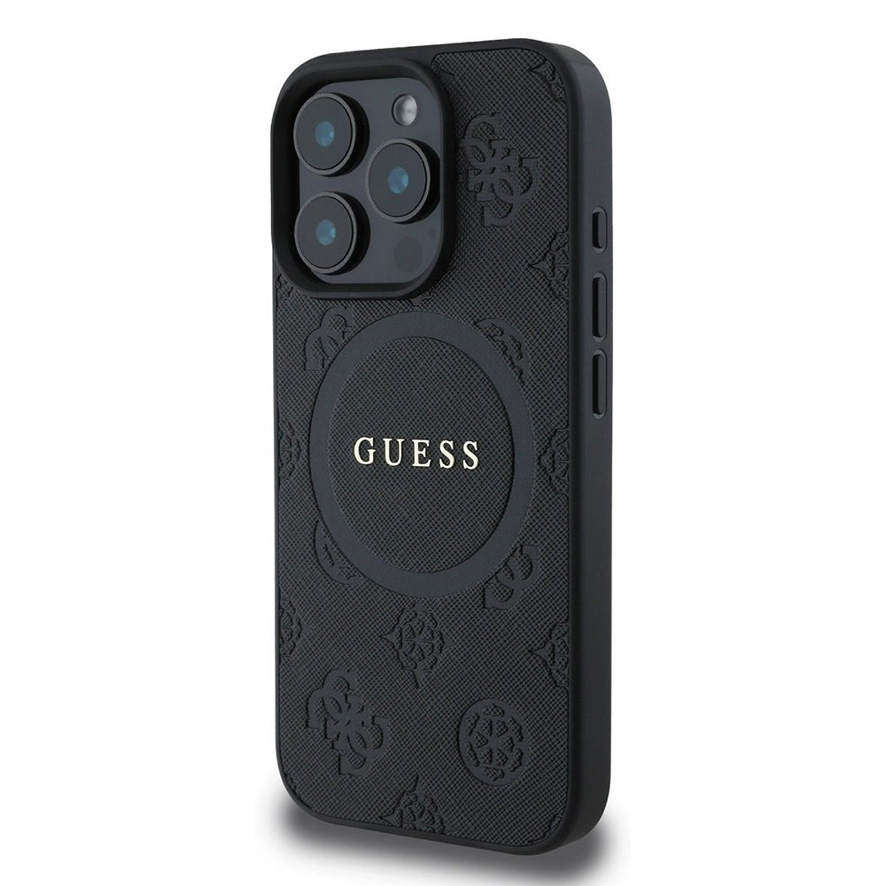 Funda MagSafe para Apple iPhone 16 Pro, Guess, Saffiano Peony Classic Logo, Negra