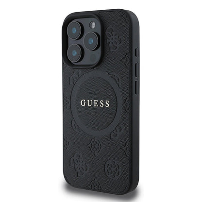 Funda MagSafe para Apple iPhone 16 Pro, Guess, Saffiano Peony Classic Logo, Negra
