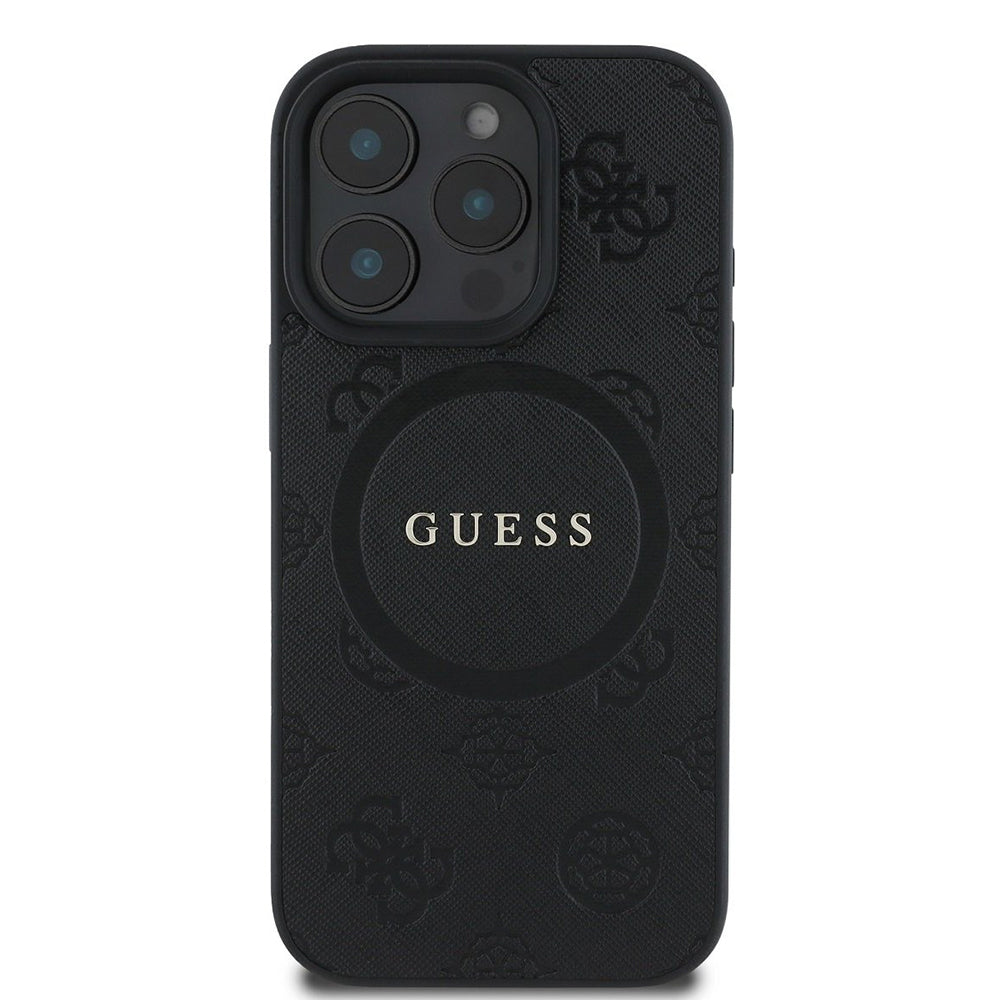 Funda MagSafe para Apple iPhone 16 Pro, Guess, Saffiano Peony Classic Logo, Negra
