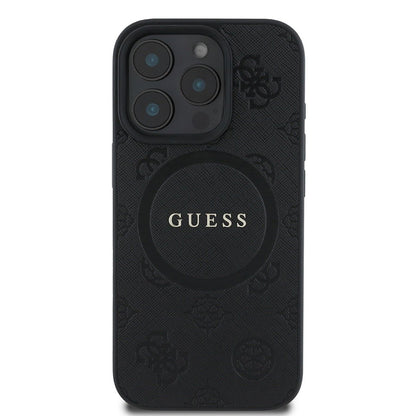 Funda MagSafe para Apple iPhone 16 Pro, Guess, Saffiano Peony Classic Logo, Negra
