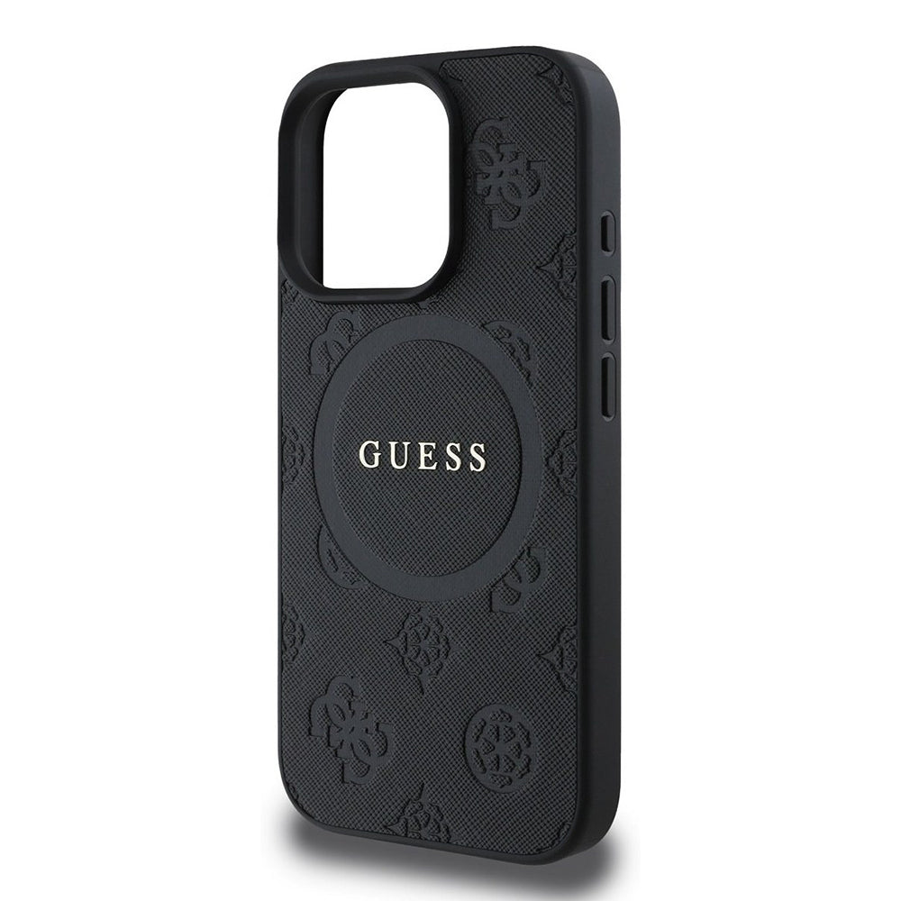 Funda MagSafe para Apple iPhone 16 Pro, Guess, Saffiano Peony Classic Logo, Negra