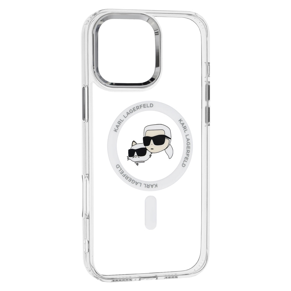 Funda MagSafe para Apple iPhone 16 Pro, Karl Lagerfeld, IML Metal Karl & Choupette's Heads, Blanca.