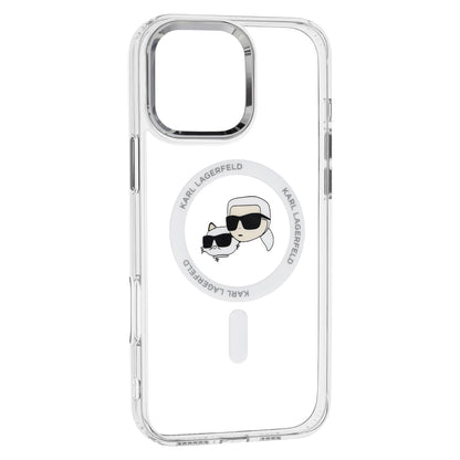 Funda MagSafe para Apple iPhone 16 Pro, Karl Lagerfeld, IML Metal Karl & Choupette's Heads, Blanca.