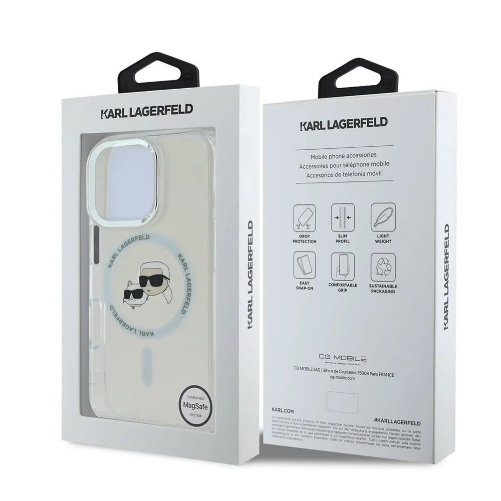 Funda MagSafe para Apple iPhone 16 Pro, Karl Lagerfeld, IML Metal Karl & Choupette's Heads, Blanca.