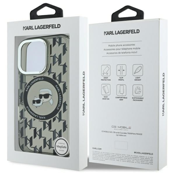 Funda MagSafe para Apple iPhone 16 Pro, Karl Lagerfeld, IML Monograma Karl & Cabezas de Choupette, Negra.