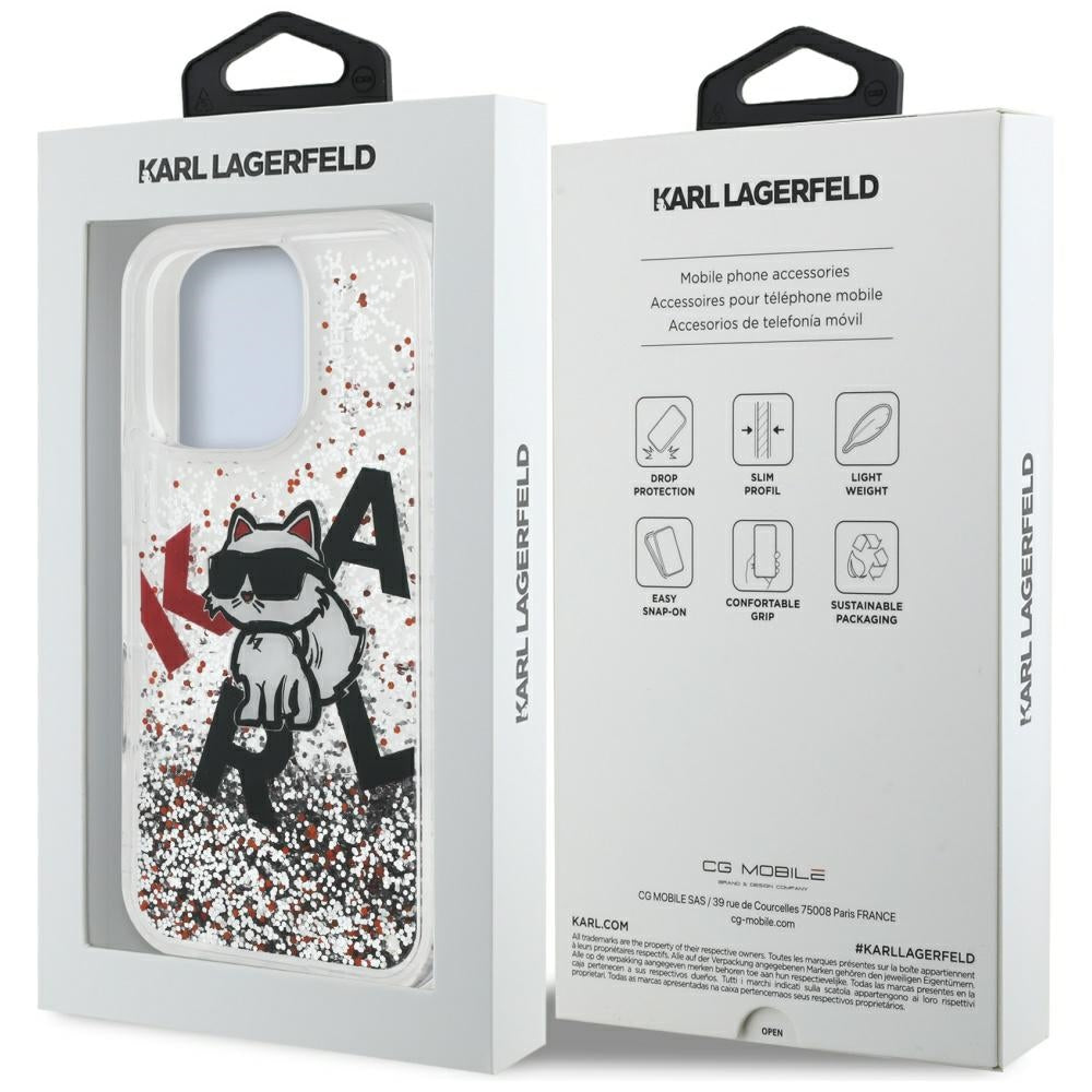 Funda MagSafe para Apple iPhone 16 Pro, Karl Lagerfeld, Liquid Glitter Choupette Logo, Transparente