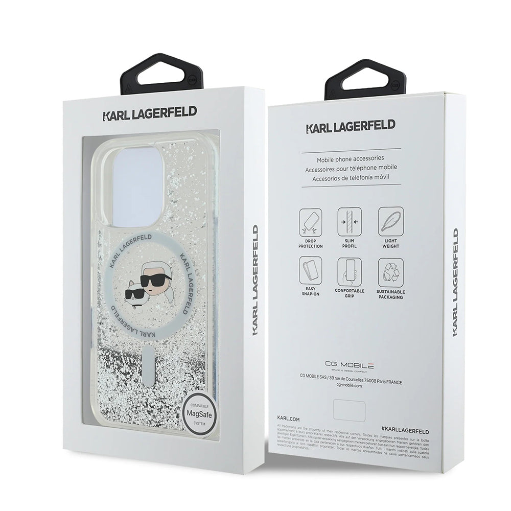 Funda MagSafe para Apple iPhone 16 Pro, Karl Lagerfeld, Liquid Glitter Karl & Choupette's Heads, Transparente