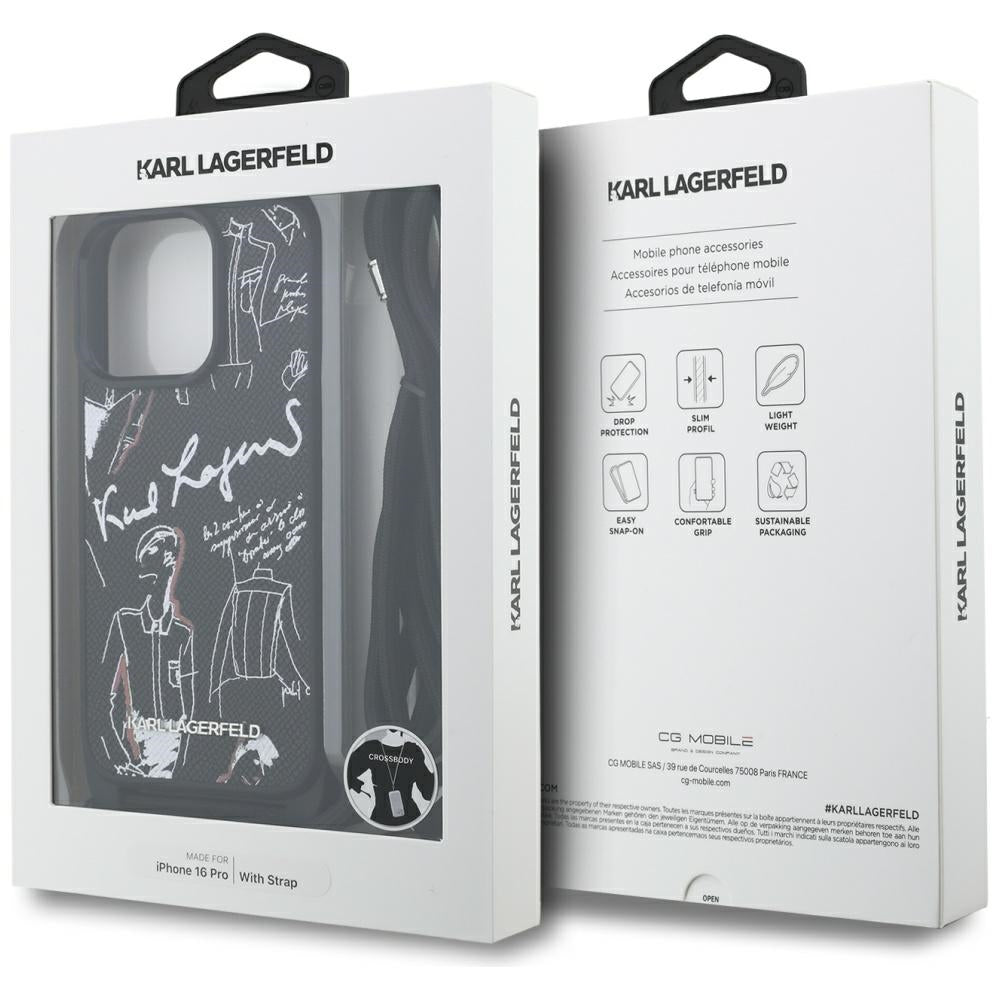 Funda MagSafe para Apple iPhone 16 Pro, Karl Lagerfeld, Saffiano Crossbody, Negra