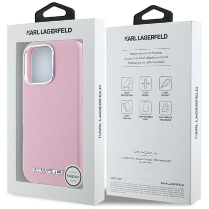 Funda MagSafe para Apple iPhone 16 Pro, Karl Lagerfeld, Saffiano Full Wrapped Elongated Metal Logo, Rosa