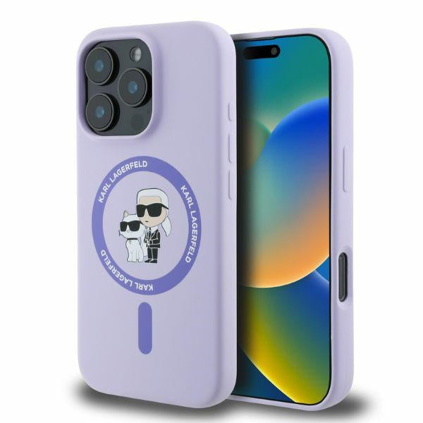 Funda MagSafe para Apple iPhone 16 Pro, Karl Lagerfeld, Anillo de Silicona Karl & Choupette, Morado