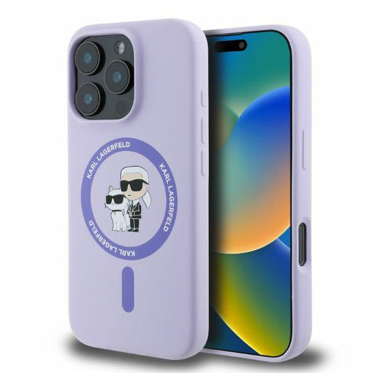 Funda MagSafe para Apple iPhone 16 Pro, Karl Lagerfeld, Anillo de Silicona Karl & Choupette, Morado