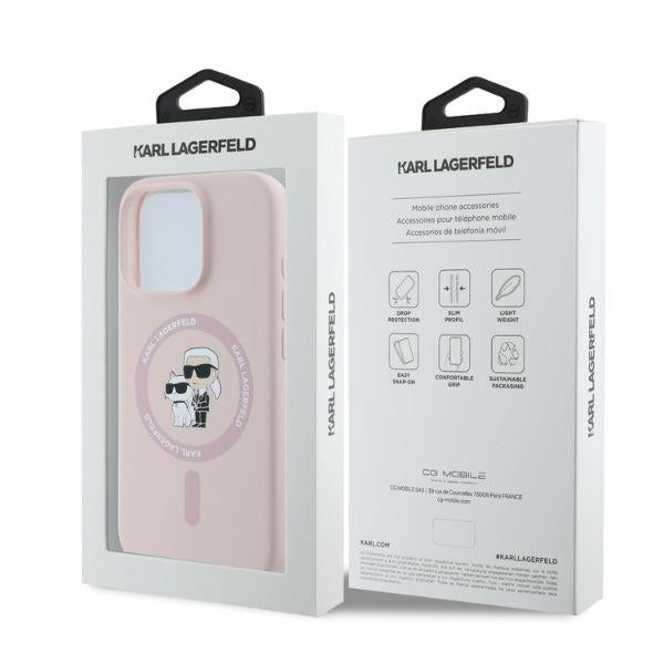 Funda MagSafe para Apple iPhone 16 Pro, Karl Lagerfeld, Anillo de Silicona Karl & Choupette, Rosa