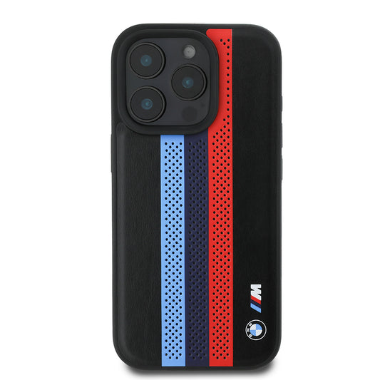 Funda MagSafe para Apple iPhone 16 Pro Max, BMW, Perforated M Perf. Tricolor Stripers, Negra