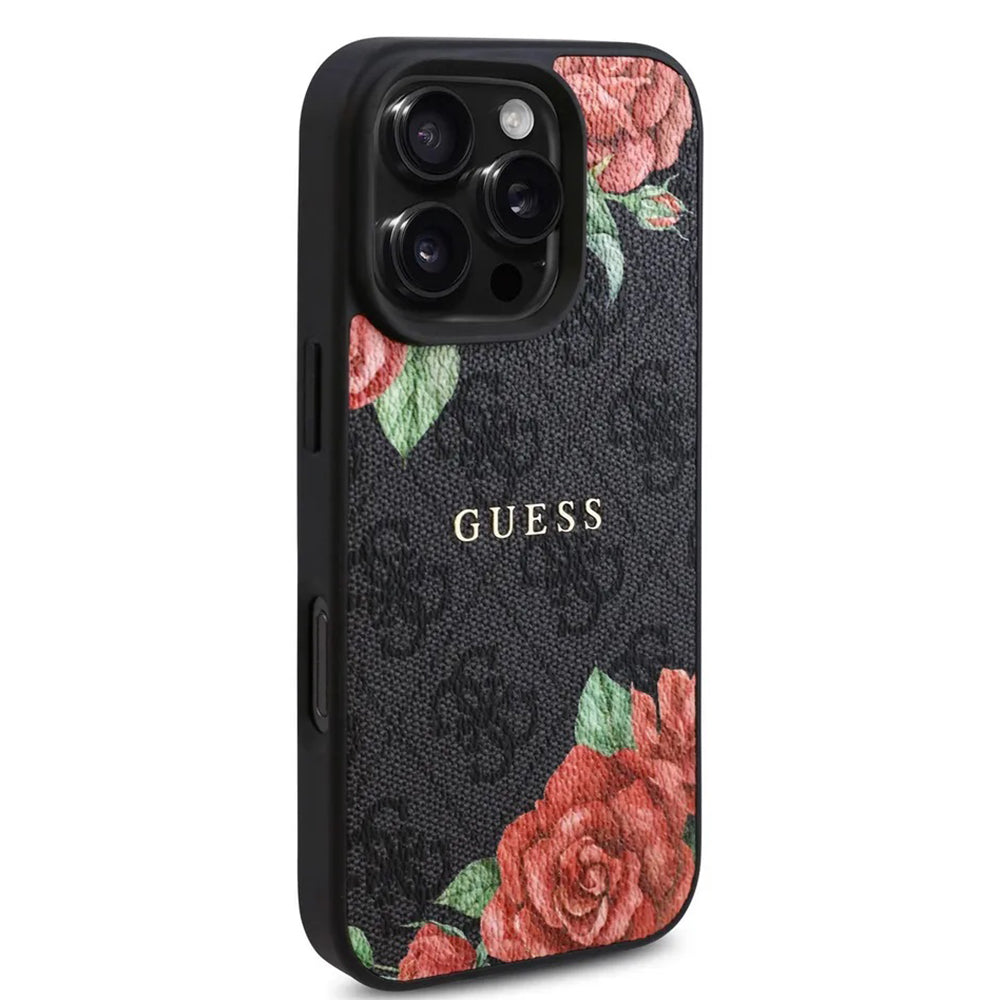 Funda MagSafe para Apple iPhone 16 Pro Max, Guess, 4G Flowers Print, Negra