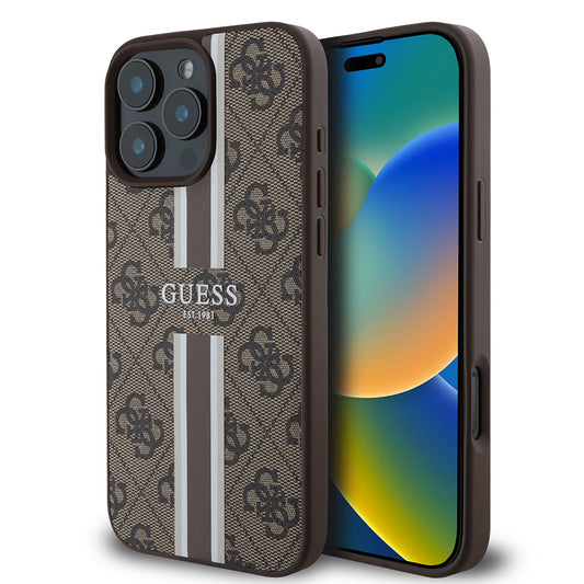 Funda MagSafe para Apple iPhone 16 Pro Max, Guess, 4G Printed Stripes, Marrón