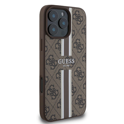 Funda MagSafe para Apple iPhone 16 Pro Max, Guess, 4G Printed Stripes, Marrón