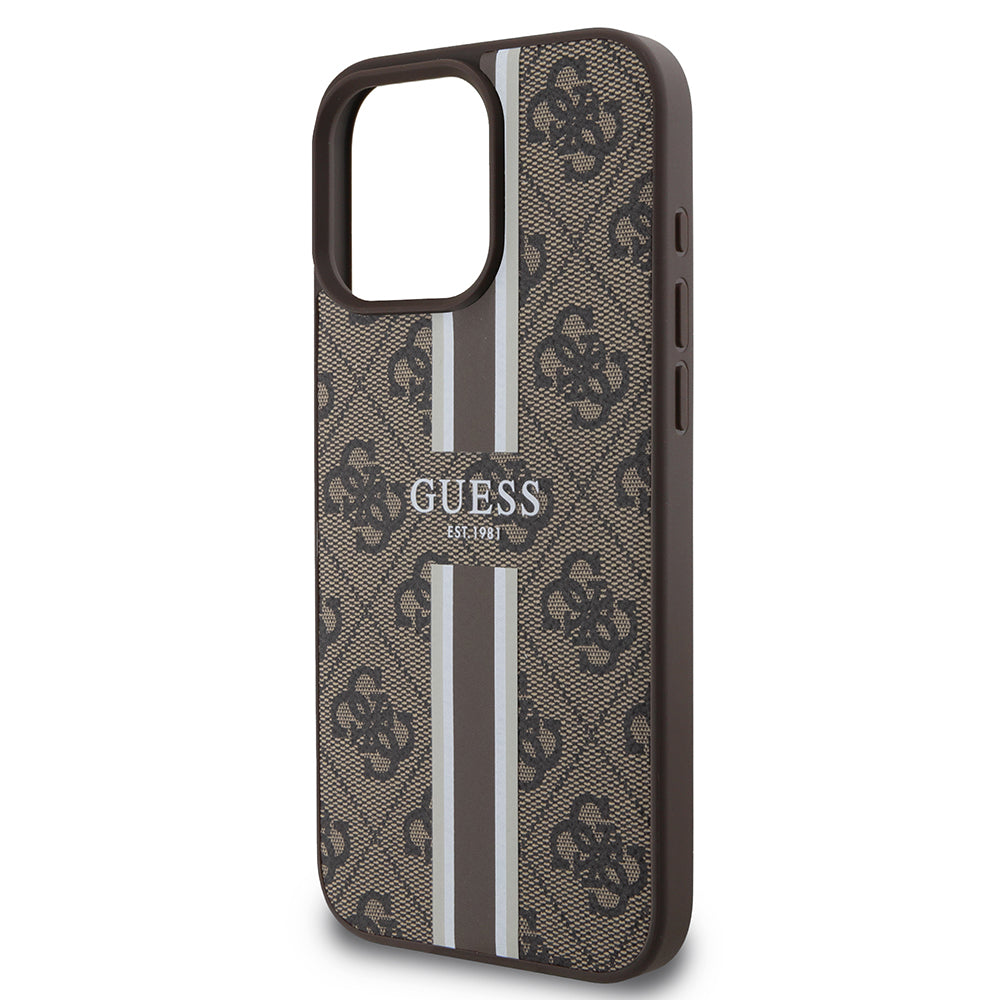 Funda MagSafe para Apple iPhone 16 Pro Max, Guess, 4G Printed Stripes, Marrón