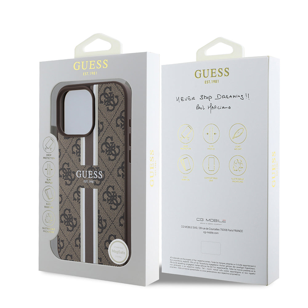 Funda MagSafe para Apple iPhone 16 Pro Max, Guess, 4G Printed Stripes, Marrón
